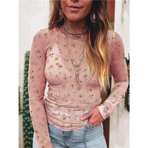 Floral Print Long Sleeve Mesh Blouse